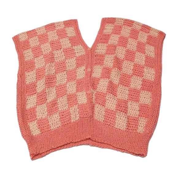 Hand Knit Handmade Pullover Sweater Vest Crop Top Size M Peach Checkerboard NEW - Picture 4 of 10